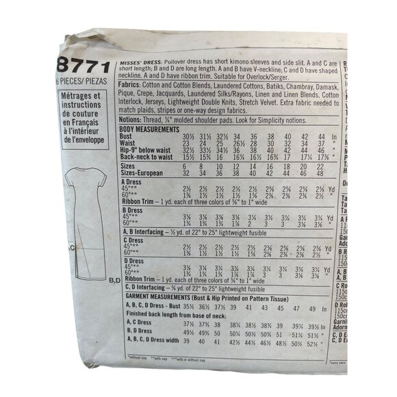 Simplicity 8771 Sewing Pattern Pullover Dress Misses Sizes 12-16 Kimono Sleeve - Picture 2 of 2